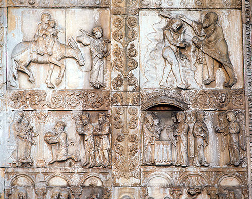 Flight into Egypt, Baptism, Adoration of Kings, Presentation, twelfth century bronze door sculpture, San Zeno, Verona, italy