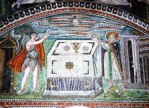 Italy, Ravenna, San Vitale, sacrifices of Abel and Melchizadek 6th century Byzantine mosaic