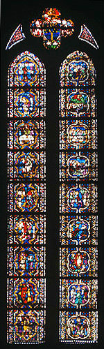 Old and new testament panels, some thirteenth century, centre window of apse, Upper Church, Basilica of St Francis, Assisi, Italy