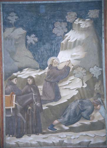 St Francis and miracle of the spring, 14th century wall painting said to be by Giotto, upper basilica, Assisi, Italy