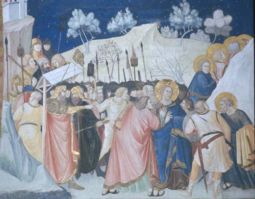 Betrayal, 14th century wall painting by Pietro Lorenzetti, transept, Lower Church, Assisi, Italy  