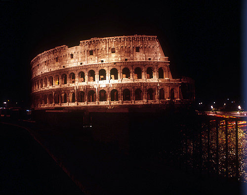 Colosseum, built 70-80 AD, floodlit, Rome, Italy