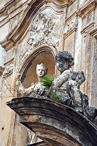 Baroque carving on façade of church, Monreale, Sicily, Italy
