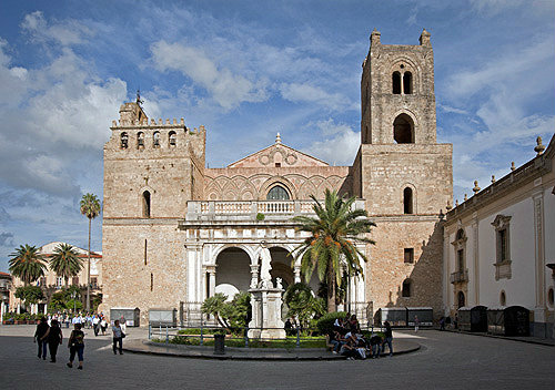 Façade of Monreale Cathedral, dedicated to Asumption of Virgin Mary, begun by Norman King William II in 1174, Monreale, Sicily, Italy