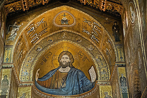 Christ Pantocrator, Monreale Cathedral, dedicated to the Assumption of the Virgin, founded 1131 by Norman king, William II, Monreale, Sicily, Italy
