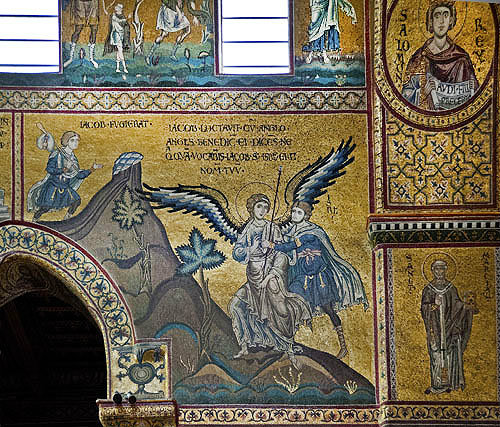 Jacob and the Angel, Monreale Cathedral, dedicated to the Assumption of the Virgin, founded 1131 by Norman king, William II, Monreale, Sicily, Italy