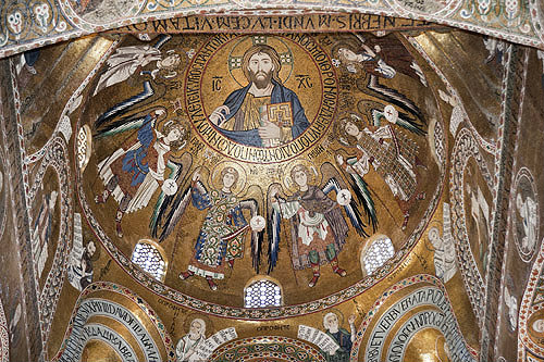 Christ Pantocrator and angels, dome of Palatine Chapel, palace of the Norman kings of Sicily, built by Roger II, Palermo, Sicily, Italy