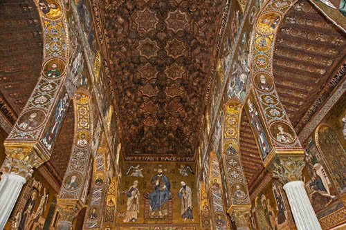 Muqarnas or honeycomb vaults, Christ Pantocrator and angels, Palatine Chapel, palace of the Norman kings of Sicily, built by Roger II, Palermo, Sicily, Italy