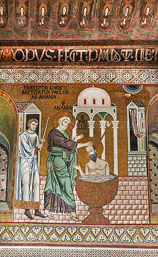 Paul baptising Ananias, Palatine Chapel, palace of the Norman kings of Sicily, built by Roger II, Palermo, Sicily, Italy