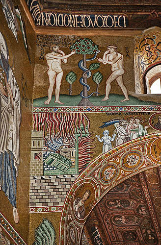 Adam and Eve and the Serpent, Palatine Chapel, palace of the Norman kings of Sicily, built by Roger II, Palermo, Sicily, Italy