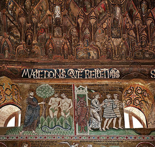 Adam and Eve banished from the Garden of Eden, Palatine Chapel, palace of the Norman kings of Sicily, built by Roger II, Palermo, Sicily, Italy