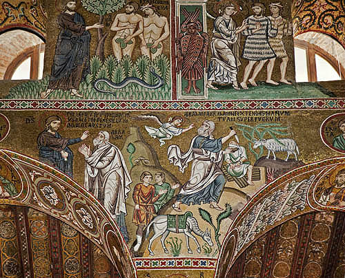 Sacrifice of Isaac, Adam and Eve, Palatine chapel, palace of the Norman kings of Sicily, built by Roger II, Palermo, Sicily, Italy