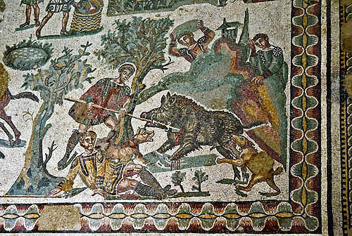 Boar hunt, detail from Small Hunt, fourth century Roman Villa del Casale, near Piazza Armerina, Sicily, Italy