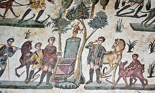 Sacrificing to Diana, Goddess of hunting, detail from Small Hunt, fourth century Roman Villa del Casale, near Piazza Armerina, Sicily, Italy