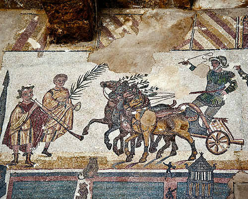 Chariot race, quadriga (four-horse chariot) in the Circus Maximus, in palaestra of fourth century Roman Villa del Casale, near Piazza Armerina, Sicily, Italy