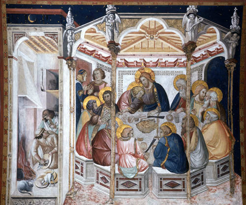 Italy, Assisi the Last Supper wall painting by Pietro Lorenzetti in the Lower Church