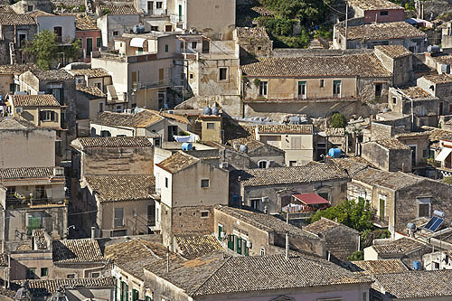 View down onto tiled roofs, Modica Bassa, Sicily, Italy