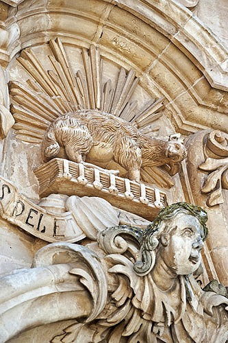 Carving on eighteenth century baroque cathedral, Modica Alta, Sicily, Italy