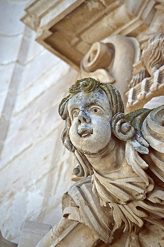 Carving on eighteenth century baroque cathedral, Modica Alta, Sicily, Italy