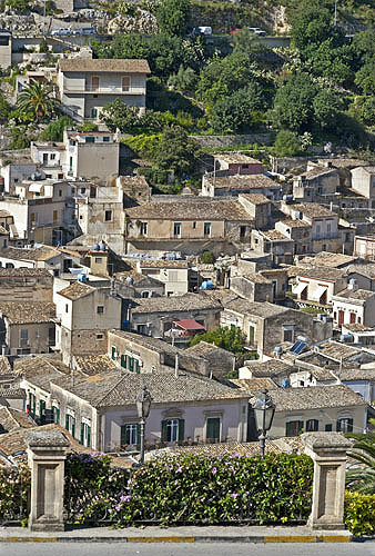 View down onto tiled roofs, Modica Bassa, Sicily, Italy