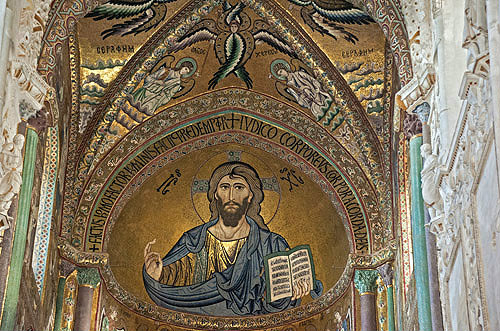 Christ Pantocrator with angels and seraphim, CefaIu Cathedral, built by Norman King Roger II of Sicily, Cefalu, Sicily, Italy