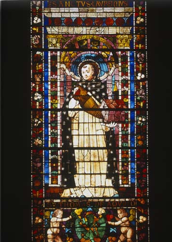 St Thomas Aquinas, 15th century stained glass, Santa Maria Novella, Florence, Italy