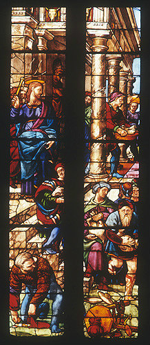 Jesus driving the money changers out of the temple, detail of window by Guglielmo di Marcillat, 1519-24, Arezzo Cathedral, Italy
