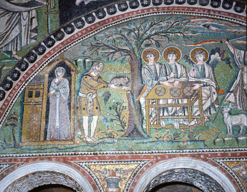 Italy, Ravenna Abraham and Sarah entertaining the three angels Byzantine mosaic in the Basilca of San Vitale