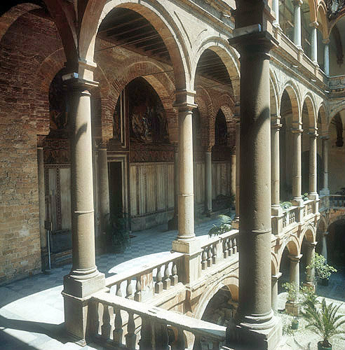 Norman Palace, portico fronting entrance and side of seventeenth century Palatine Chapel, Palermo, Sicily, Italy