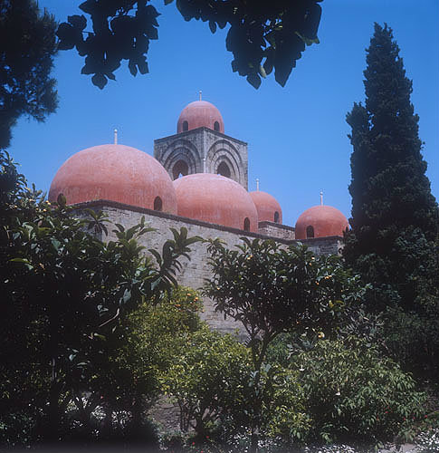 Domes of church of San Giovanni Degli Eremiti, 1132, Palermo, Sicily, Italy