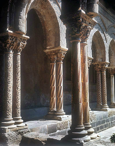 Cloisters circa 1175, decorated columns, Cathedral of Monreale, Sicily, Italy