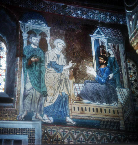 St Peter healing lame man, twelfth century Byzantine mosaics, Palatine Chapel, Palermo, Sicily, Italy