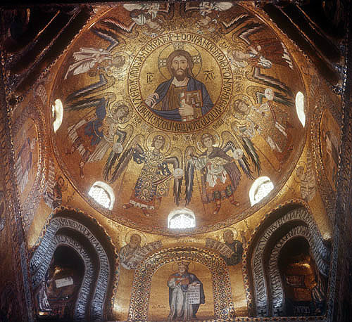 Christ Pantocrator, angels and archangels, twelfth century Byzantine mosaics in cupola of Palatine Chapel, Palermo, Sicily, Italy