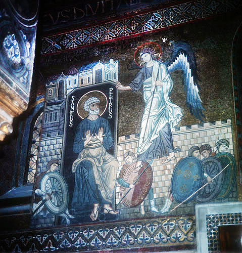 St Peter and angel, twelfth century Byzantine mosaics, Palatine Chapel, Palermo, Sicily, Italy