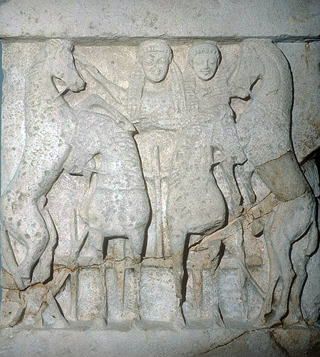 Quadriga, Apollo driving chariot, metope from sixth century Temple 