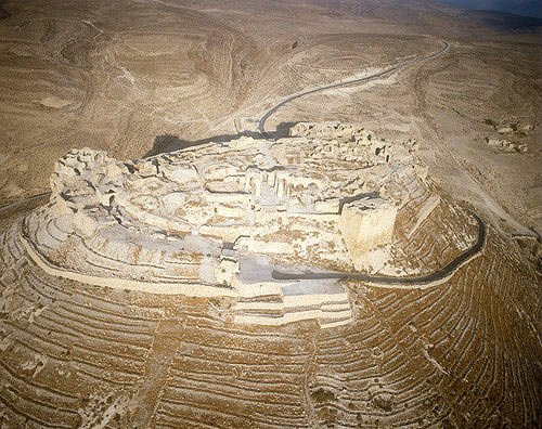 Shoubak Crusader Castle (Krak de Montreal) built by Baldwin I King of Jerusalem in 1115, aerial photograph of the ruins, Shoubak, Jordan
