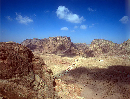 Petra basin seen from al-Khubtha including back of Palace tomb to Qasr al-Bint and mountains behind, Petra, Jordan