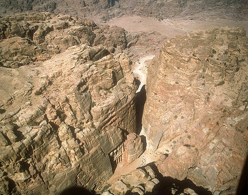 Treasury and Siq, aerial photograph, Petra, Jordan