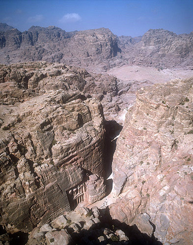 Treasury, outer Siq and hills, aerial photograph, Petra, Jordan