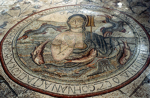 Figure in sea with fish, sixth century mosaic, Madaba, Jordan