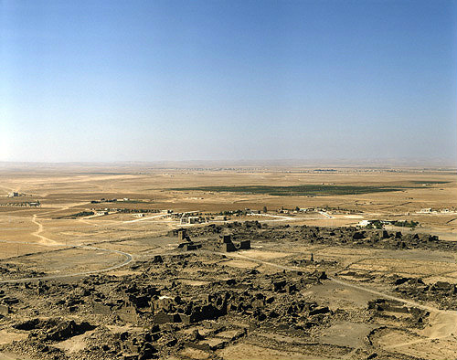Umm el-Jimal, originally Nabataean city, taken over by Romans, Byzantines, Umayyads and Abbasids, built of black basalt, aerial, north Jordan