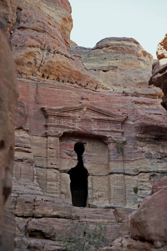 Lion triclinium, Ist century BC-AD,  just off path leading to Monastery, with lion relief carving on either side of entrance, Petra, Jordan