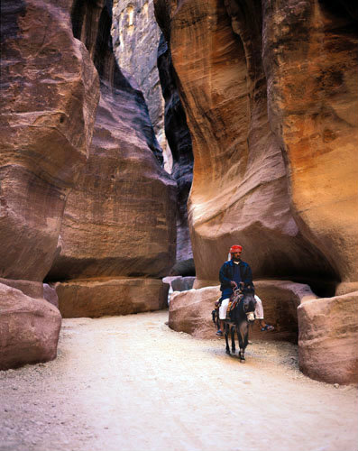 Jordan Petra bedouin riding a donkey through the Siq