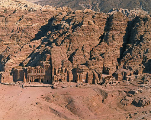 Royal tombs, Ist century AD, carved in face of Jabal-al-Kubtha on East of Petra basin, aerial, Petra, Jordan