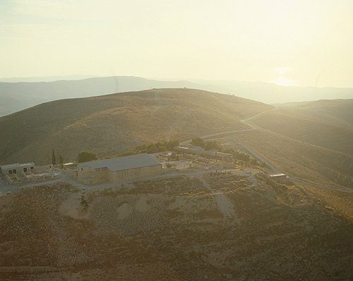 Mount Nebo, aerial view with sun glinting on the Dead Sea beyond, Jordan