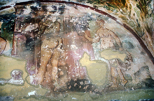 Women and children, detail of eighth century fresco, Qasr al-Amra, Jordan