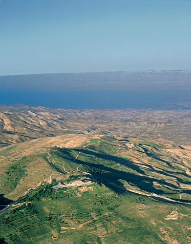 Mount Nebo, Memorial of Moses at Siyagha, Moab, Dead Sea beyond, believed to be place where Moses viewed the Promised Land, aerial, Jordan