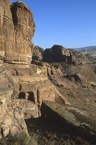 Rock-cut path at foot of Umm al-Biyara, Al-Habees in back ground, Petra, Jordan