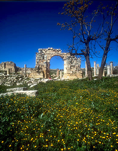 North Tetrapylon, four-sided gateway at crossroads, Roman period, second century, seen from east, Jerash, Jordan