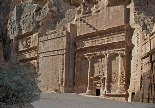 Jordan Petra tomb at west end of outer Siq with monumental crowstep 1st century BC-AD